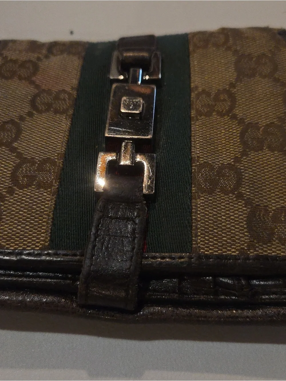 Gucci Brown GG Canvas Bifold Wallet with Green Web Stripe and Silver Hardware